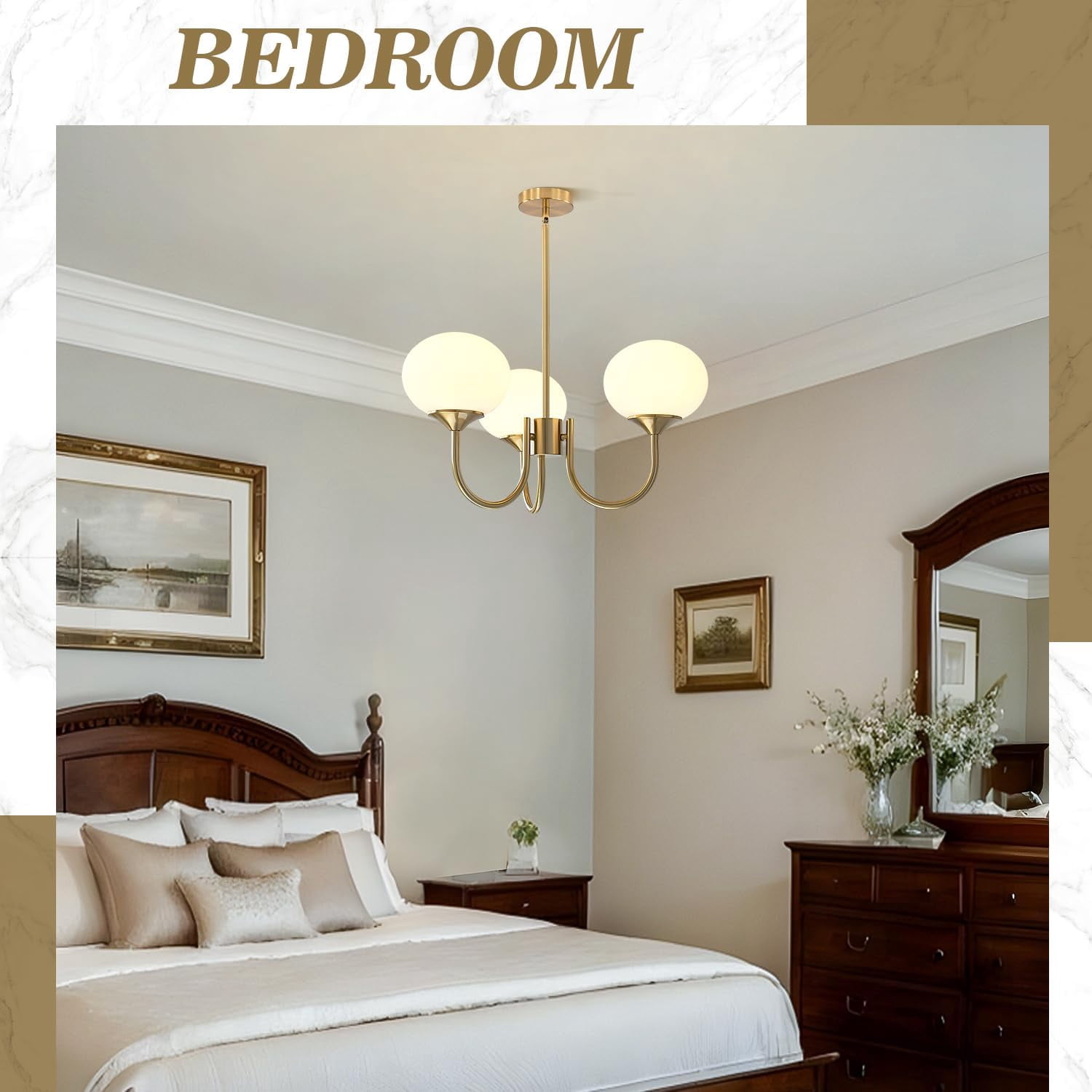 KCO Lighting 3 Light Vintage Gold Chandelier Milk Glass Globe Chandeliers Dining Room Kitchen