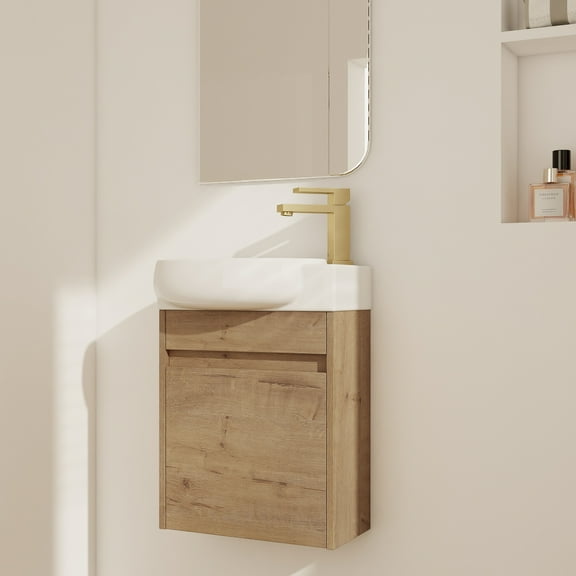 Aukfa 16" Wall Mounted Bathroom Vanity with Sink, Compact Floating Cabinet Vanity for Small Bathroom, Eco-Friendly Plywood Cabinet,Oak