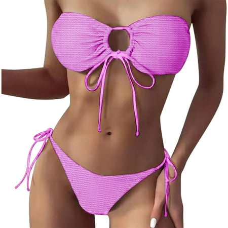 Rigardu Hot Sale!! Women s High Waisted Bikini Sets V Neck Two Piece Bathing Suits High Cut Bandeau Bikini Sets for Women Swimsuits 2 Purple M