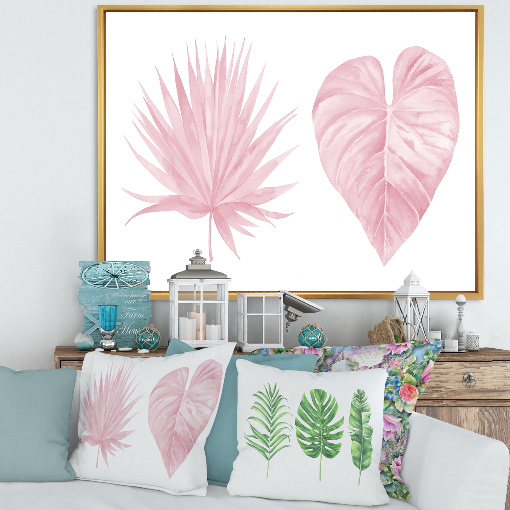 Designart 'Tropical Pink Watercolour Leaves On White II' Shabby Chic Framed Canvas Wall Art Print