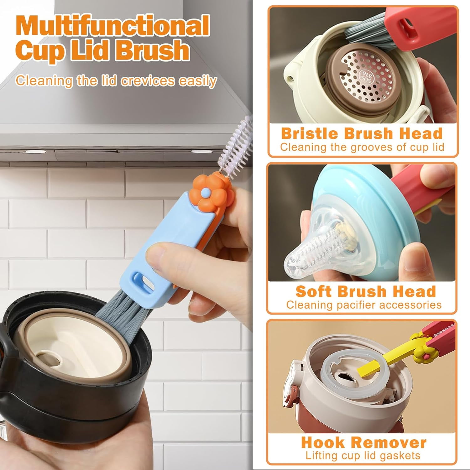 3 in 1 Cup Lid Cleaning Brush Set, 3 Pieces Multifunctional Bottle Cleaning Brush, Bottle Cleaner Brush for Coffee Cups Lid Gap, Portable Cup Lid Cleaning Tools Cleaner Brush