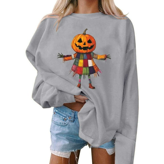 Jsaierl Women's Halloween Sweatshirts Spooky Pumpkin Ghost Print Sweatshirt Classic Crewneck T-shirt Long Sleeve Dressy Casual Pullover Tops Halloween Costumes