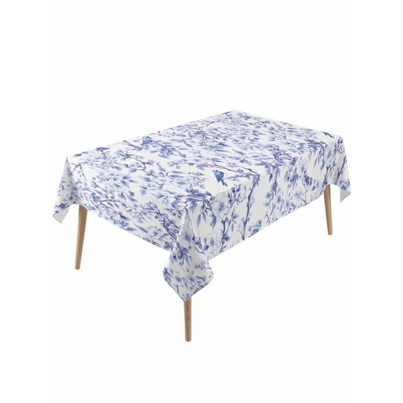 Blue Botanical Table Cloth, Elegant Watercolor Botanical Birds Waterproof Tablecloth for Rectangle Tables, Reusable Washable Fabric Table Cover for Restaurant Kitchen Dining Tables 54"x108"