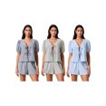 thumbnail image 4 of Rdhnmea Women's Y2k 2 Piece Pajamas Set Puff Sleeve Peplum Tie Front Tops Elastic Waist Shorts Plaid Lounge Sleepwear 2Pcs PJs, 4 of 9