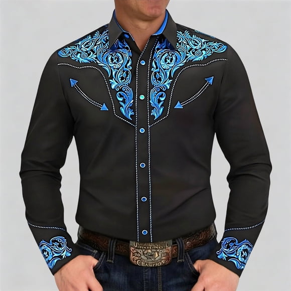 Men's Western Long Sleeve Shirt with Embroidered Detailing for Everyday Casual Wear Slim Fit Button-Down with Pocket