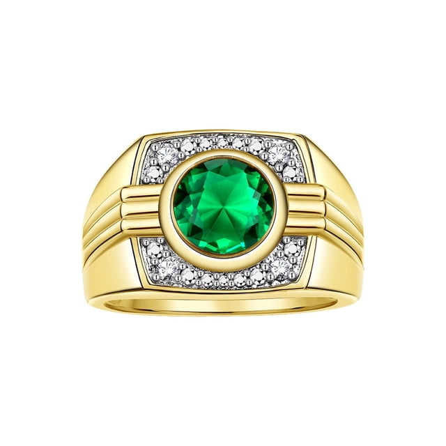 RYLOS Mens Rings 14K Yellow Gold Designer Round Gemstone & Sparkling Diamond Ring Emerald May Birthstone Rings For Men, Men's Rings, Gold Rings Sizes 8 - 13