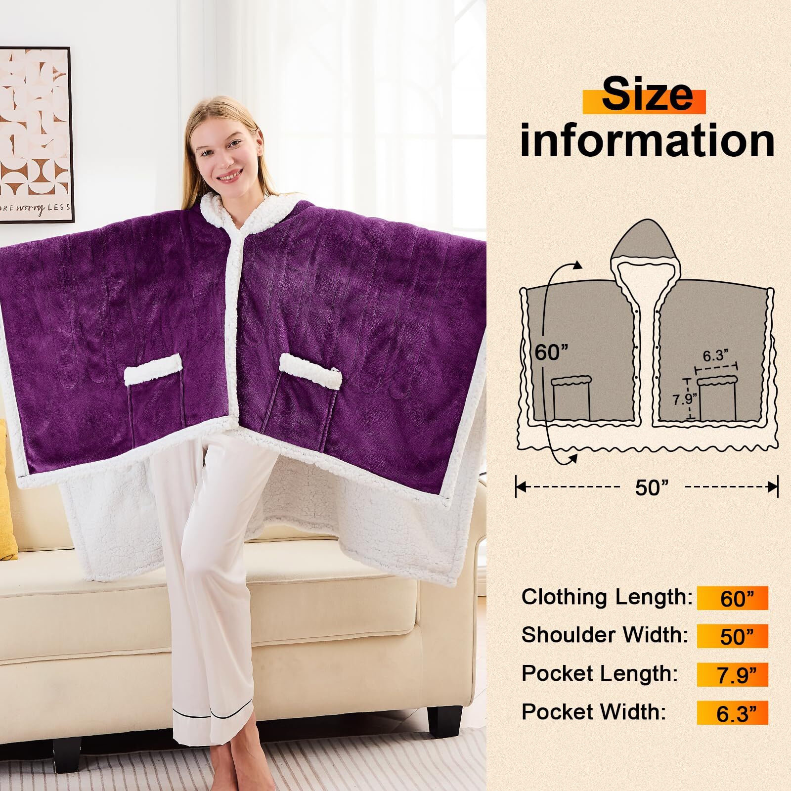 PMONPA Wearable Heated Throw Blanket for Adult, Electric Heated Wrap Poncho Shawl with Pockets, 6 Heating Levels & 2 to 10 Hours Time Settings, 51" x 61", Purple