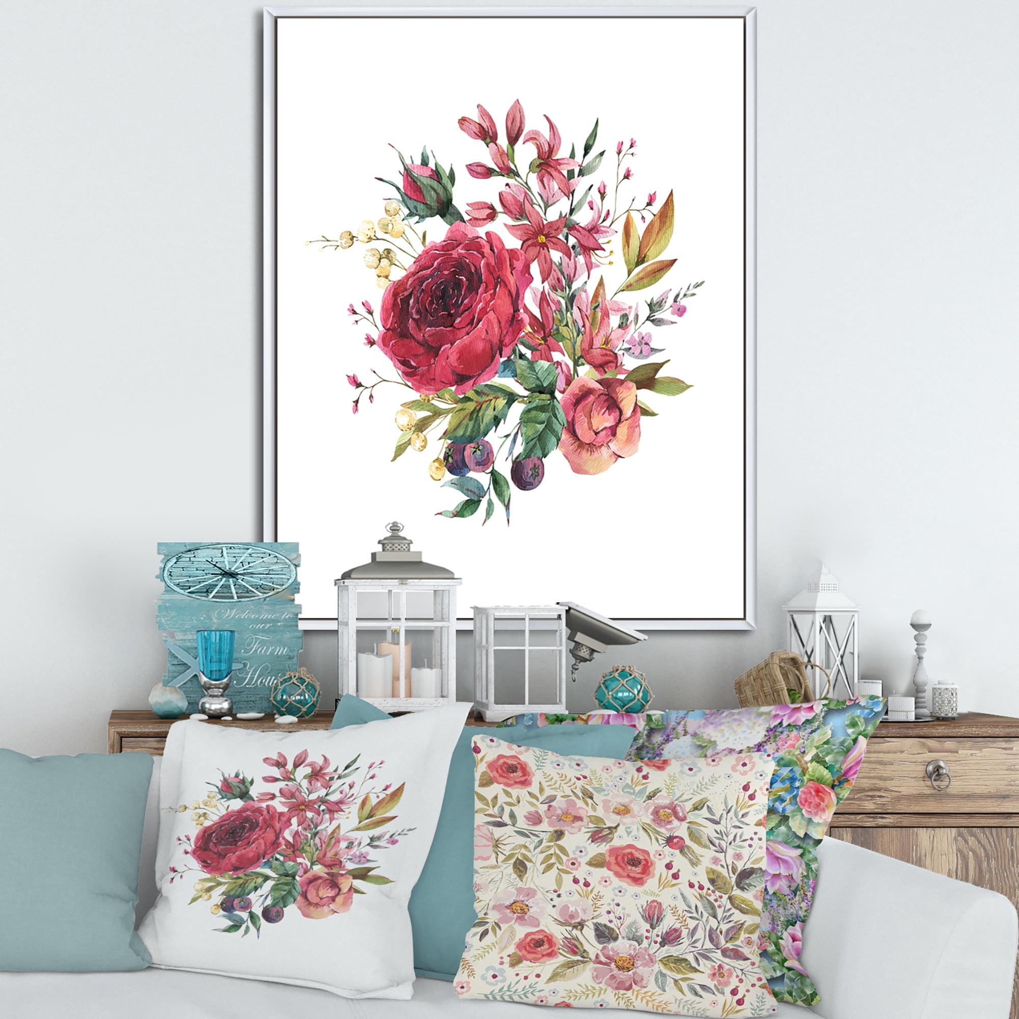 Designart 'Ancient Wildflowers and Burgundy Rose' Farmhouse Framed Canvas Wall Art Print