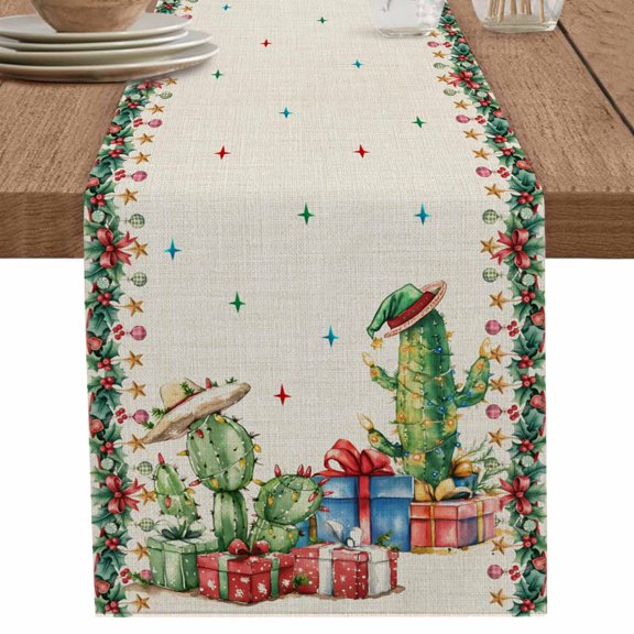 nqOlkjepod Merry Christmas Table Runner 108 Inches Long Farmhouse Dress Scarves, Farmhouse Cactus Pine Branches Winter Dining Tablerunner for Coffee Table/Kitchen Island/Party Décor, 13" x 108"
