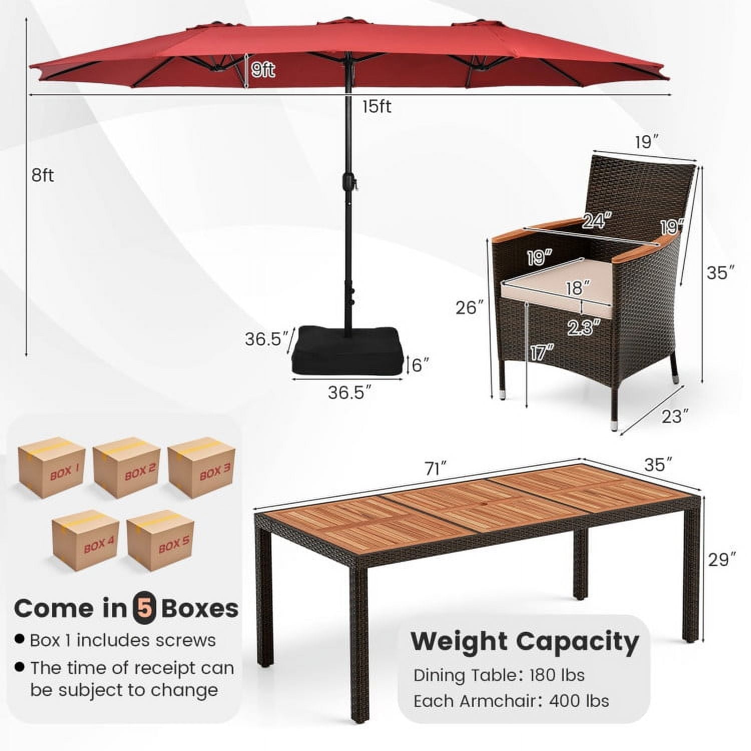 Aimee Lii 9 Pieces Patio Furniture Sets, Outdoor Dining Set with 15" Double-Sided Twin Patio Umbrella, Red Aimee Lii 9 Pieces Patio Furniture Sets, Outdoor Dining Set with 15" Double-Sided Twin Patio Umbrella, Red