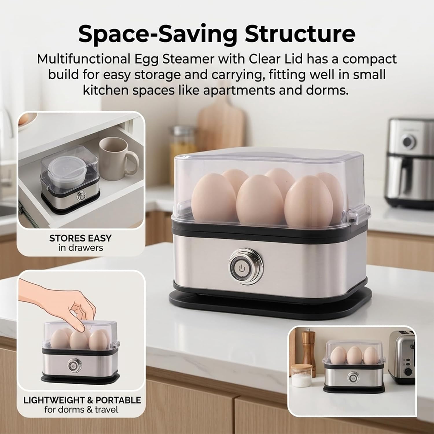 Multifunctional Egg Steamer with Clear Lid, Compact 6 egg Electric Cooker, for Soft, Medium, Hard Boiled,Dorms & Fitness Meal Prep