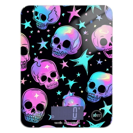 

Digital Kitchen Food Scale Weight Grams Oz for Baking Cooking Coffee 11lb 0.05oz/1g Glass Neon Skulls and Stars