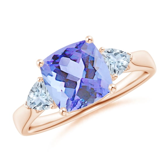 ANGARA Natural Cushion 2.15 ct Tanzanite & Trillion Aquamarine 3 Stone Ring in 14K Rose Gold for Women (Size-8mm) | December Birthstone, Anniversary, Jewelry Gift for Women | Natural Tanzanite Ring