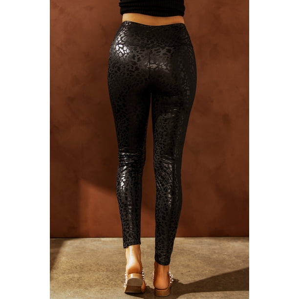 ABPHQTO Leggings negros con textura de leopardo brillante para mujer
