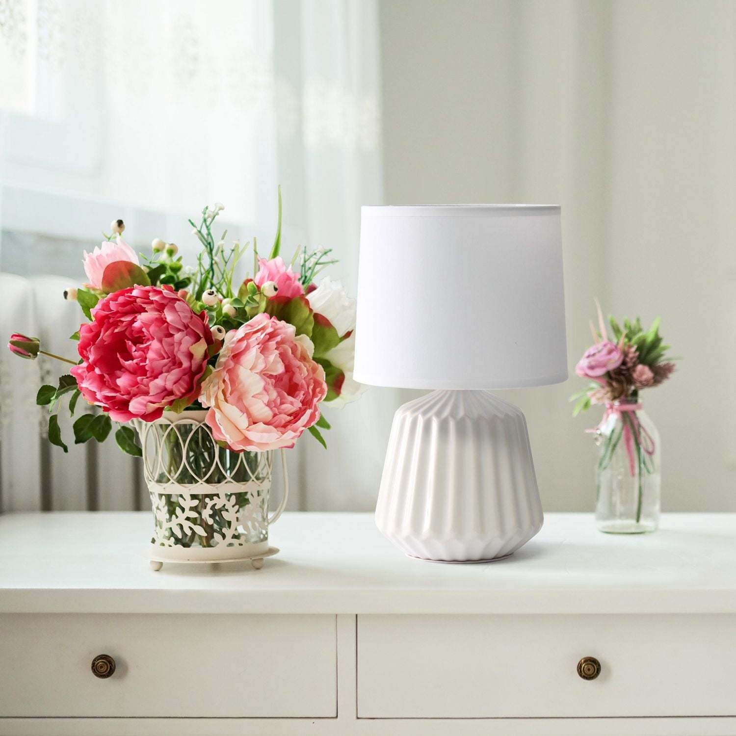 Simple Designs Petite Off White Pleated Base Table Lamp