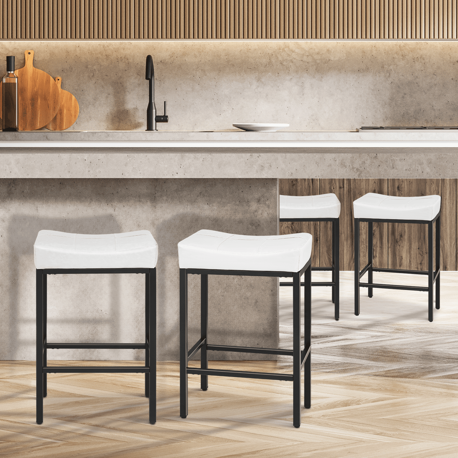 Magshion 31.5" Upholstered Counter Bar Stool Set of 4, Backless PU Leather Saddle Seat Barstools for Kitchen Island, Metal Frame, White