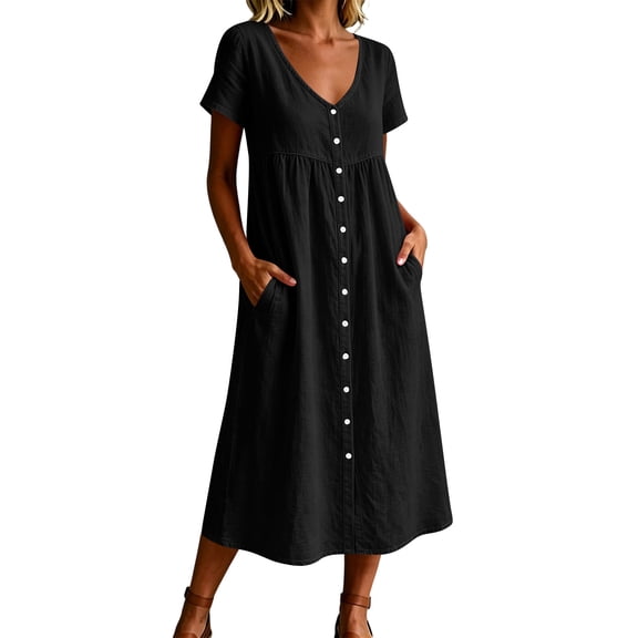 PRINxy Women's V Neck Short Sleeve Button Front Cotton Linen Shirt Dress with Pockets Loose Long Dress for Summer Daily Wear Vacation Black L