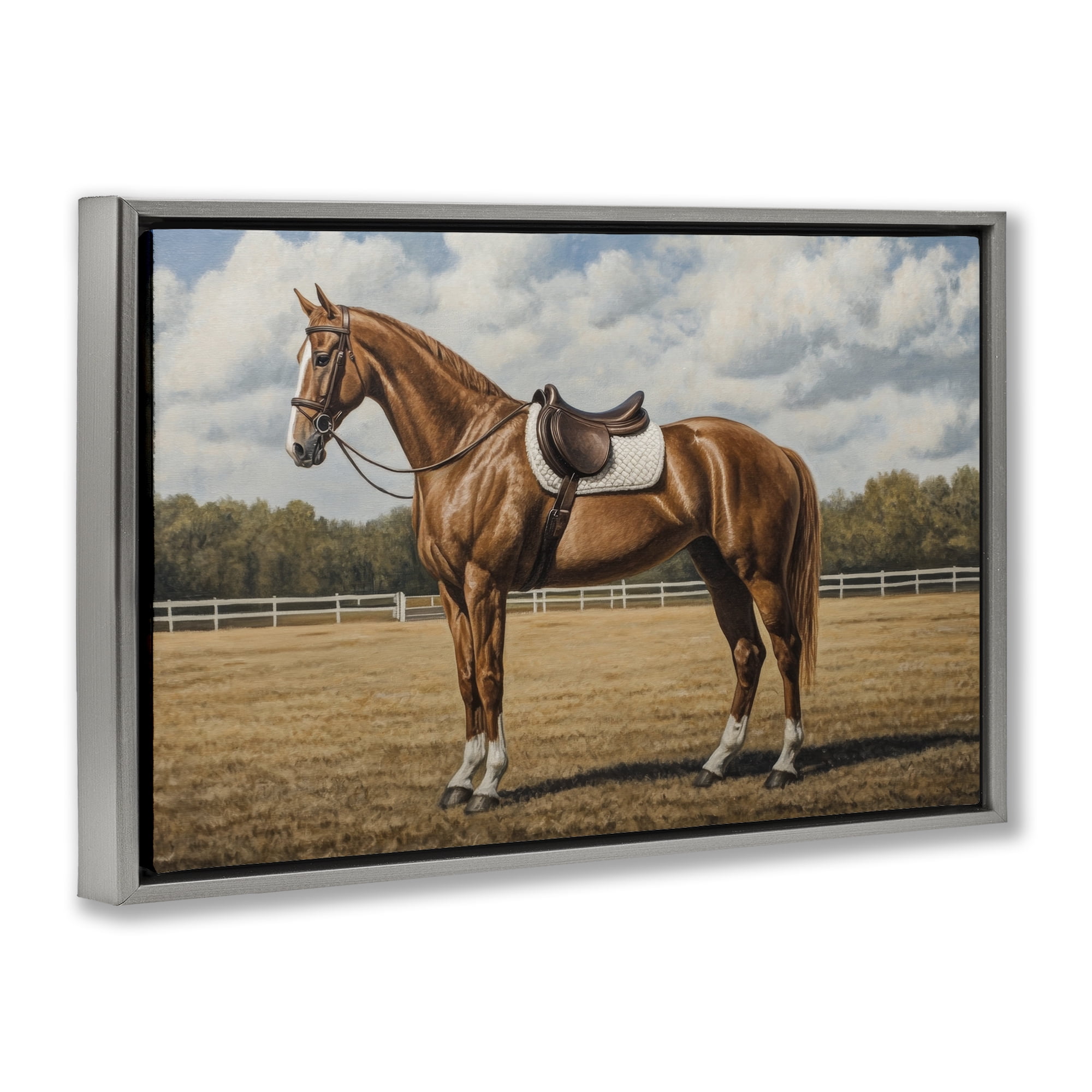 Stupell Industries Saddled Up Chestnut Horse Gray Framed Floater Canvas Wall Art, design by Petal Prints Design
