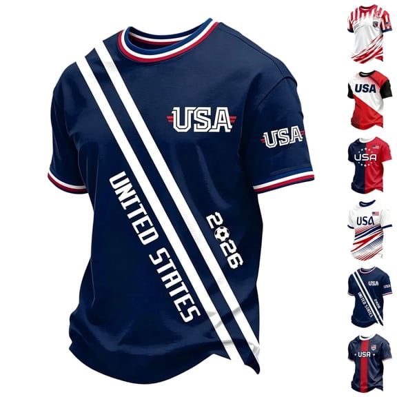 Men's USA Soccer Jersey Shirts - 2026 Team Short Sleeve Crewneck Fans Football Shirts, Retro Streetwear Tops for Game Day Dark Blue L