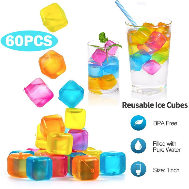 Reusable Ice Cube, 60 pack Refreezable Plastic Ice Cubes Reusable, Square  Ice Cube for Drinks BPA Free (Multicolor)