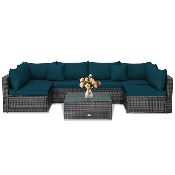 Gymax Set of 7 Rattan Furniture Set Sectional Sofa Cushioned Patio Peacock Blue
