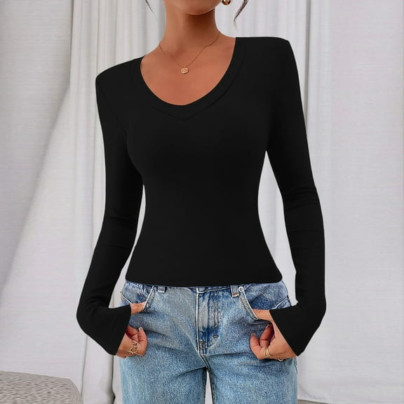 Long Sleeve Shirts for Women V Neck Fitted Fall Basic Tshirts Going Out Tops 2025 Casual Trendy Clothes Black M