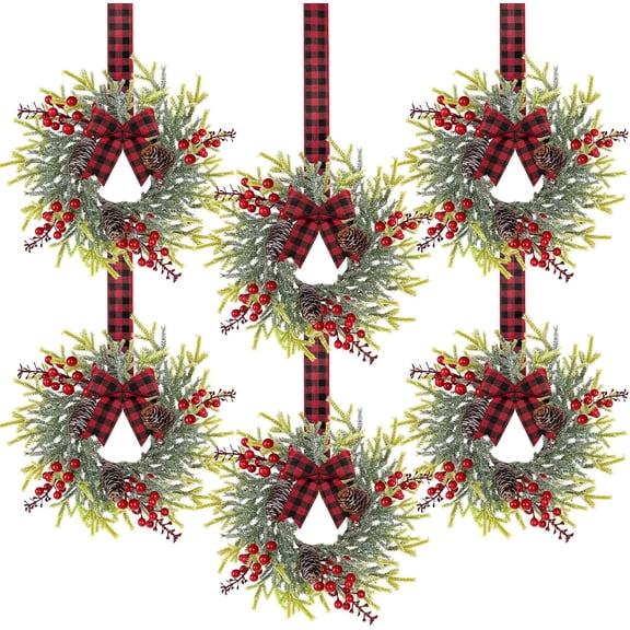 Guvpev 6 Pieces 10" Mini Christmas Wreath with Red Berry, Cabinet Wreaths for Kitchen, Small Christmas Wreath with Red and Black Plaid Bow, Farmhouse Wreath for Holiday Xmas Party Decorations