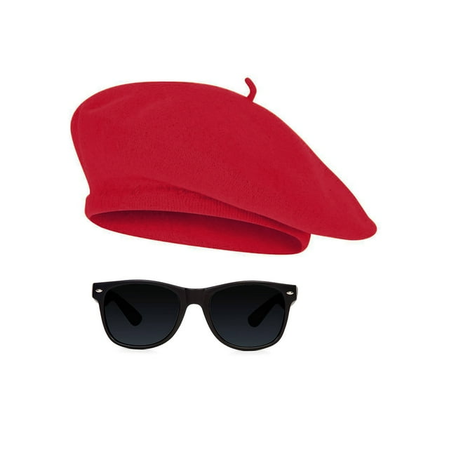 Kit Combo Beatnik Hipster des Années 1950 Béret et Lunettes de Soleil, Rouge