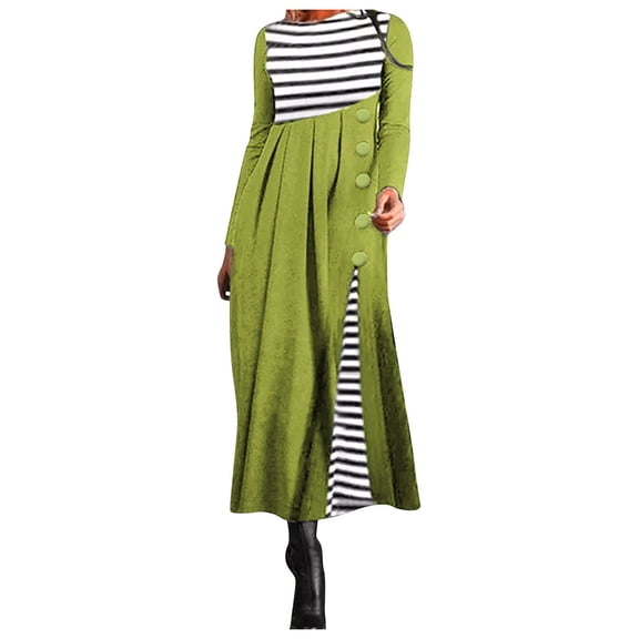 Henpk Summer Dresses for Women Striped T Shirt Dress Casual Midi Dress Short Sleeve Sundress with Pockets Fashion Casual Patchword Buttons Casual Stripde A-Line Long Sleeve Long Dress Green L