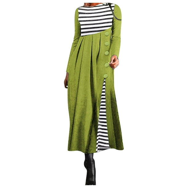 Moda Mujer Casual Patchword Botones Casual Stripde A-Line Vestido largo de manga larga Fridja NMB911