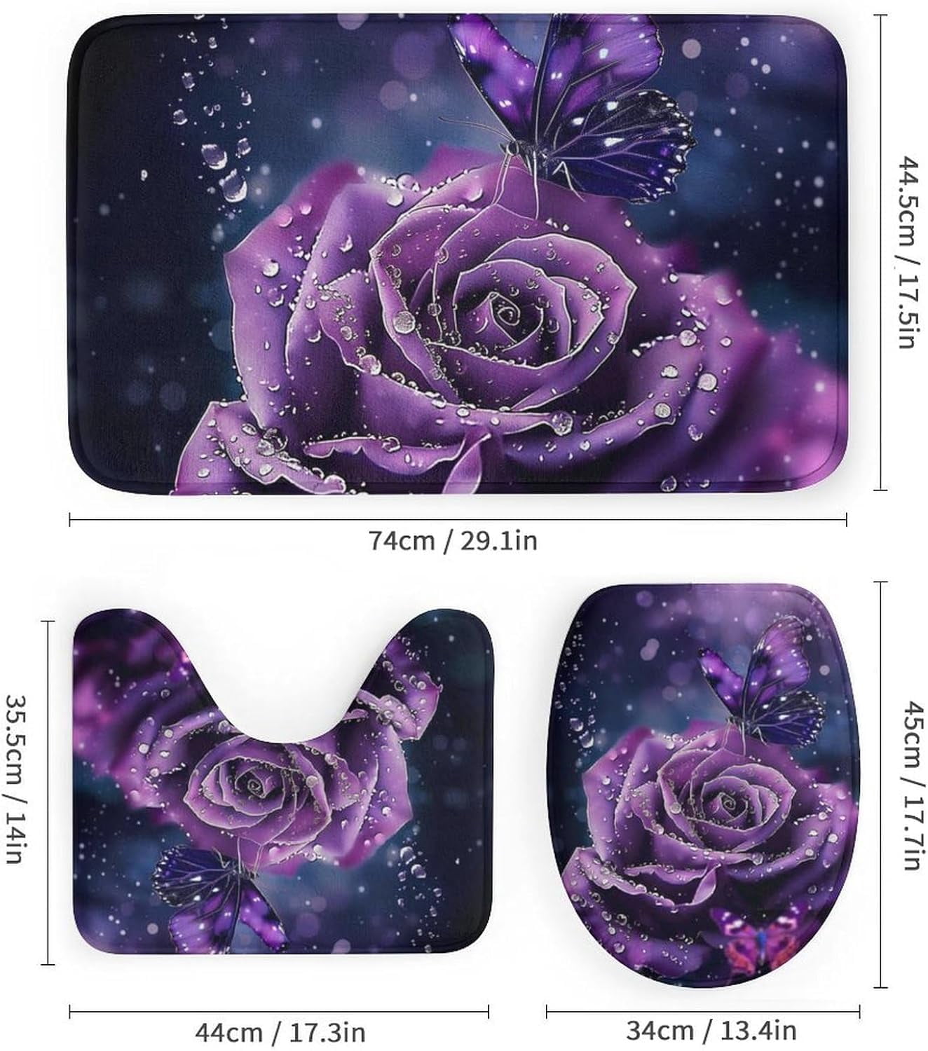Purple Rose Butterfly 4 Pcs Bathroom Shower Curtain Set,Bathroom Sets with Rugs (Bath Mat,U Shape and Toilet Lid Cover Mat), Bathroom Decor Set