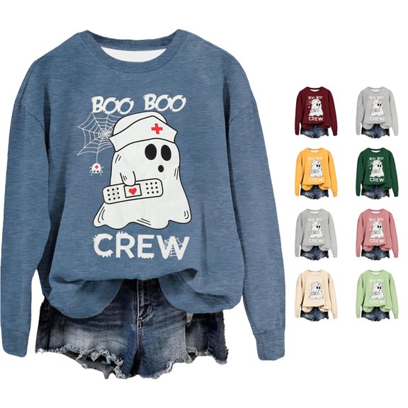 Women's Hoodless Sweatshirt for Women Lightweight Halloween Crew Neck Top for Seasonal Comfort and Cozy Wear Blue L
