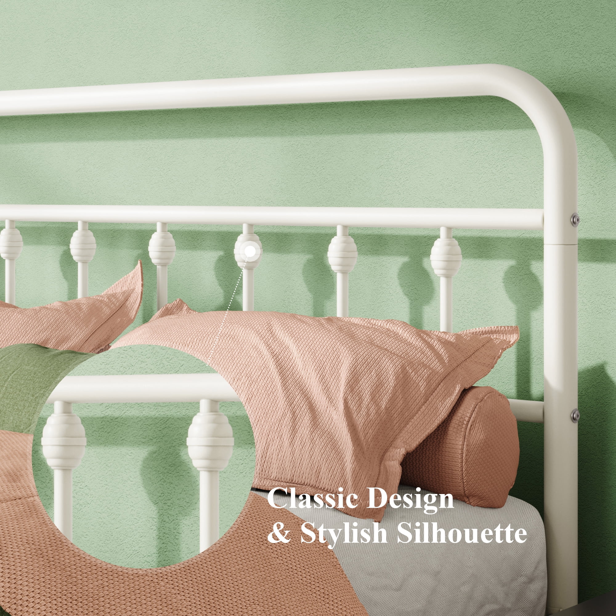 Allewie King Metal Platform Bed Frame with Vintage Pattern Headboard/Footboard, No Box Spring Needed, White