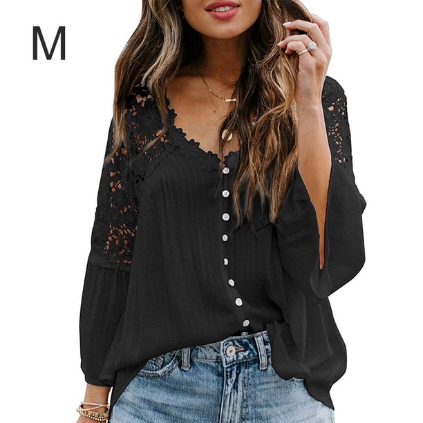 Sonducket Camisa de mujer con cuello en V Camisa de encaje Blusa en V Color sólido Botón de manga larga Top Prendas para la parte del cuerpo Negro M