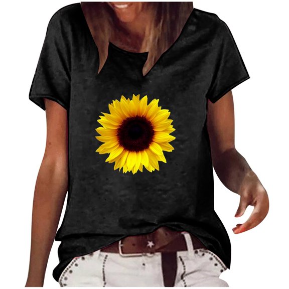 USSUMA Womens Plus Savings Tops and T-Shirts - Womens Short Sleeve Summer Tops, Sunflower Graphic Tee T Shirt for Women Short Sleeve Summer Graphic Tops Loose Blouses 2022 Beach