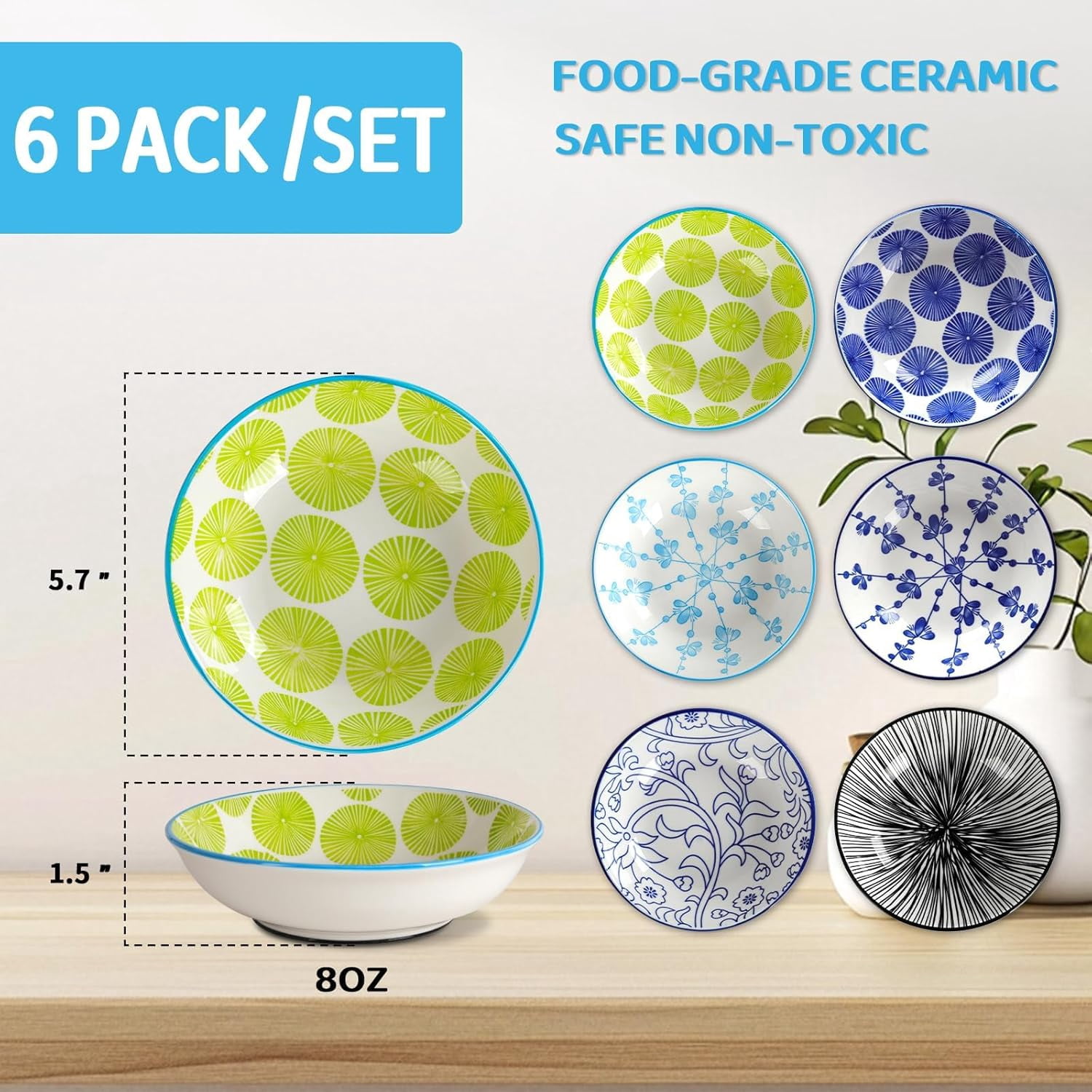 Ceramic Cat Bowls with Non-Slip Silicone Bottom,6 Pack Cat Food Bowl,Anti Whisker Fatigue Cats Dishes for Indoor Cats,Healthy Ceramic Kitten Plates for Daily Feeding Gift Choice (Classic)