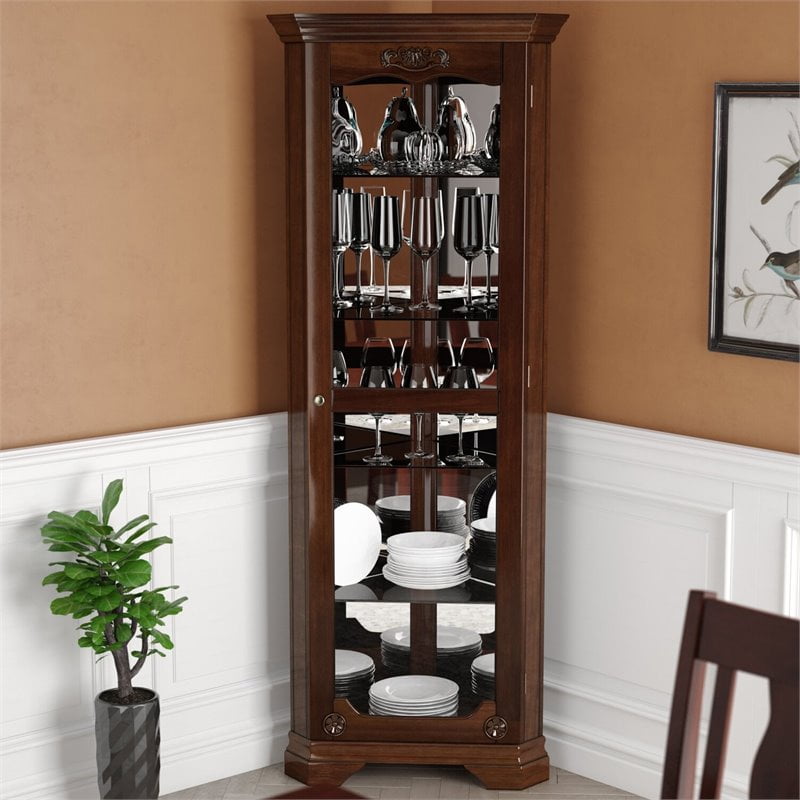 Pemberly Row Corner Glass Door Curio with 5 Tier Tempered Glass