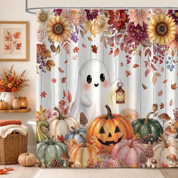 Fall Halloween Shower Curtain 72X72 in, Cute Ghost Autumn Pumpkin Floral Harvest Bathroom Curtain Waterproof Polyester Fabric Bath Decor with Hooks