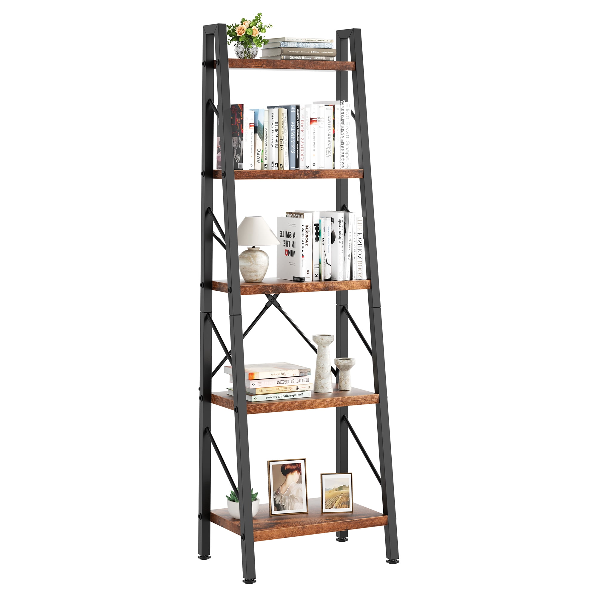 Walsunny Ladder Bookshelf Organizer, Solid Rubberwood Frame, Espresso Finish, 16.7" D x 12" W x 55.8" H
