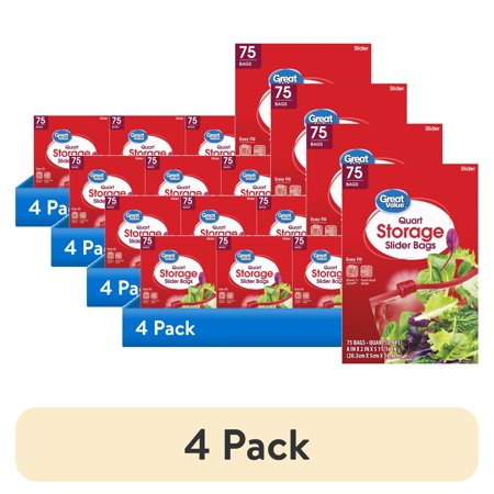 (4 pack) Great Value Fresh Seal Slider Zipper Bags, Quart Storage, 75 Count