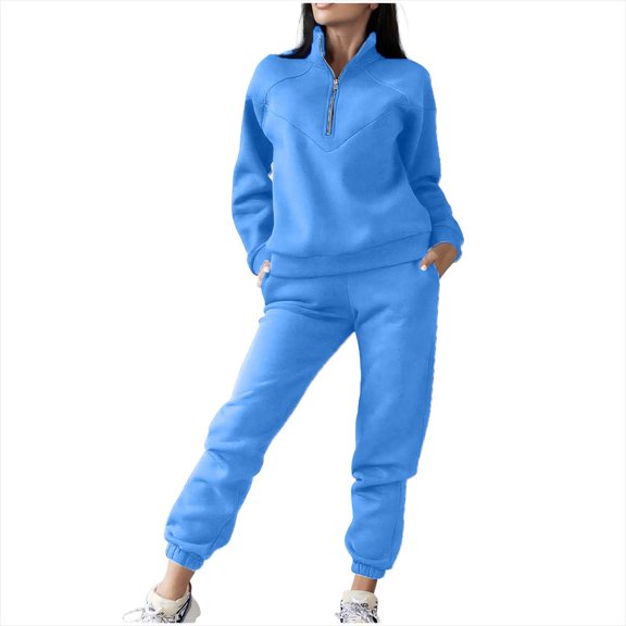 HAPIMO Women's Sweatsuits Lounge Sets Quarter Zip Pullover Sweatshirts Casual Long Sleeve High Neck Top Elastic Waist Jogging Sweatpant Blue XXL
