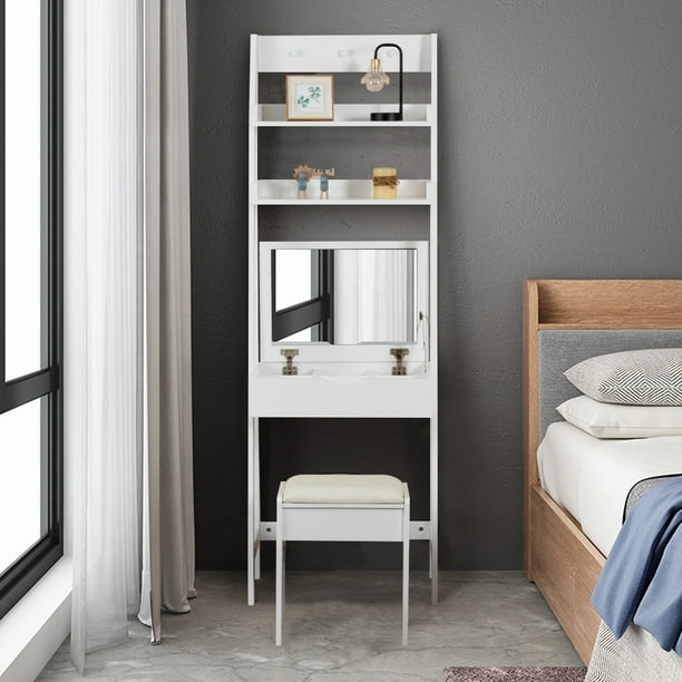 Mesa para Maquillaje Costway con Espejo y taburete Acolchonado 60 x 40 x 180 cm Blanco
