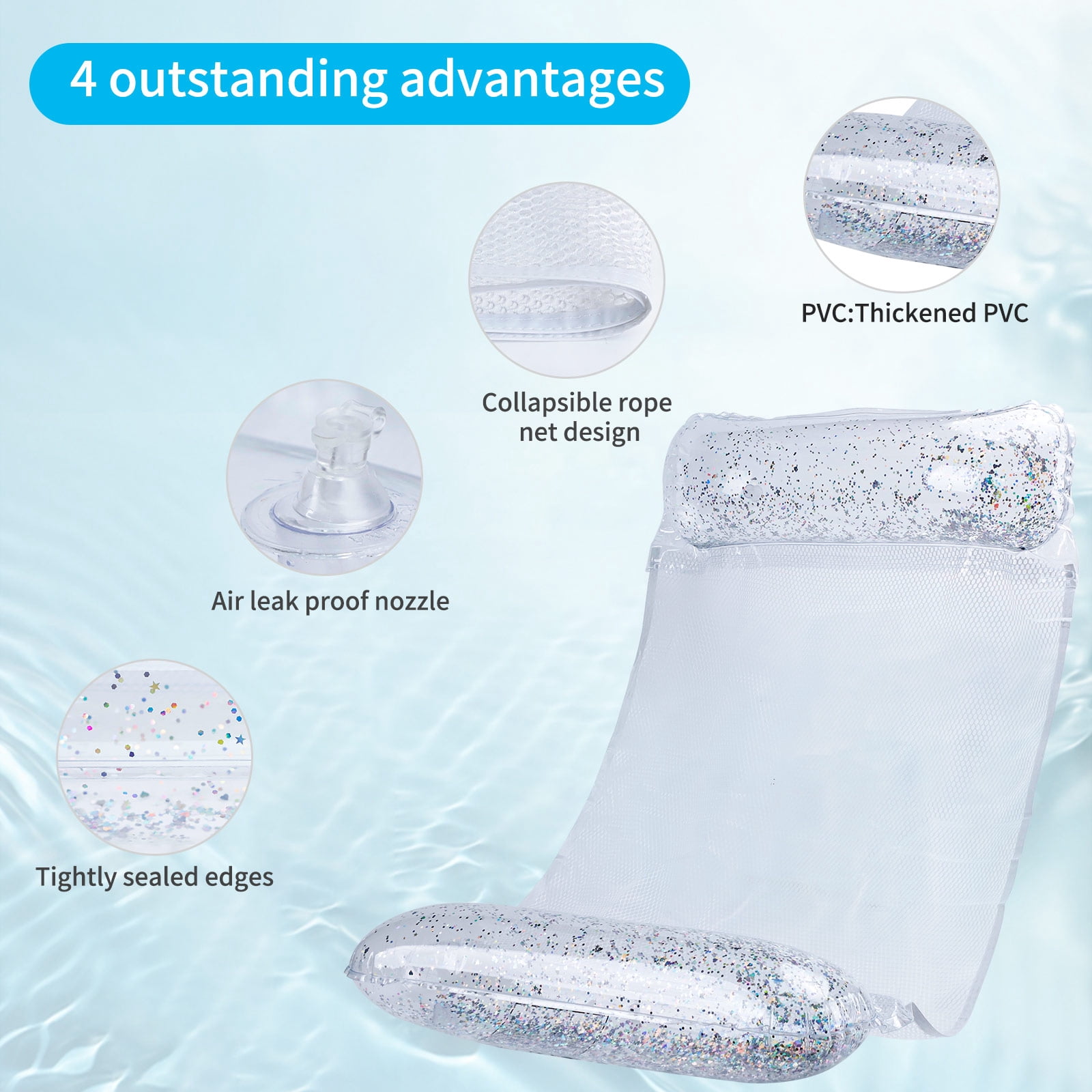 Cyfie Net Water Hammock,4-in-1 Inflatable Water Floating Hammock Pool Float Toys for Adult,Capacity 250 lbs,2 Pack,Clear