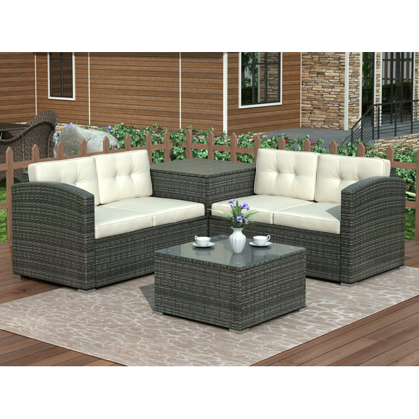Enyopro 4 Piece Patio Furniture Set All Weather Outdoor Sectional Sofa Pe Rattan Conversation With Storage Box Table Cushions Wicker Couch For Deck Garden B1171 Com - Clearance Patio Cushions Set Of 4