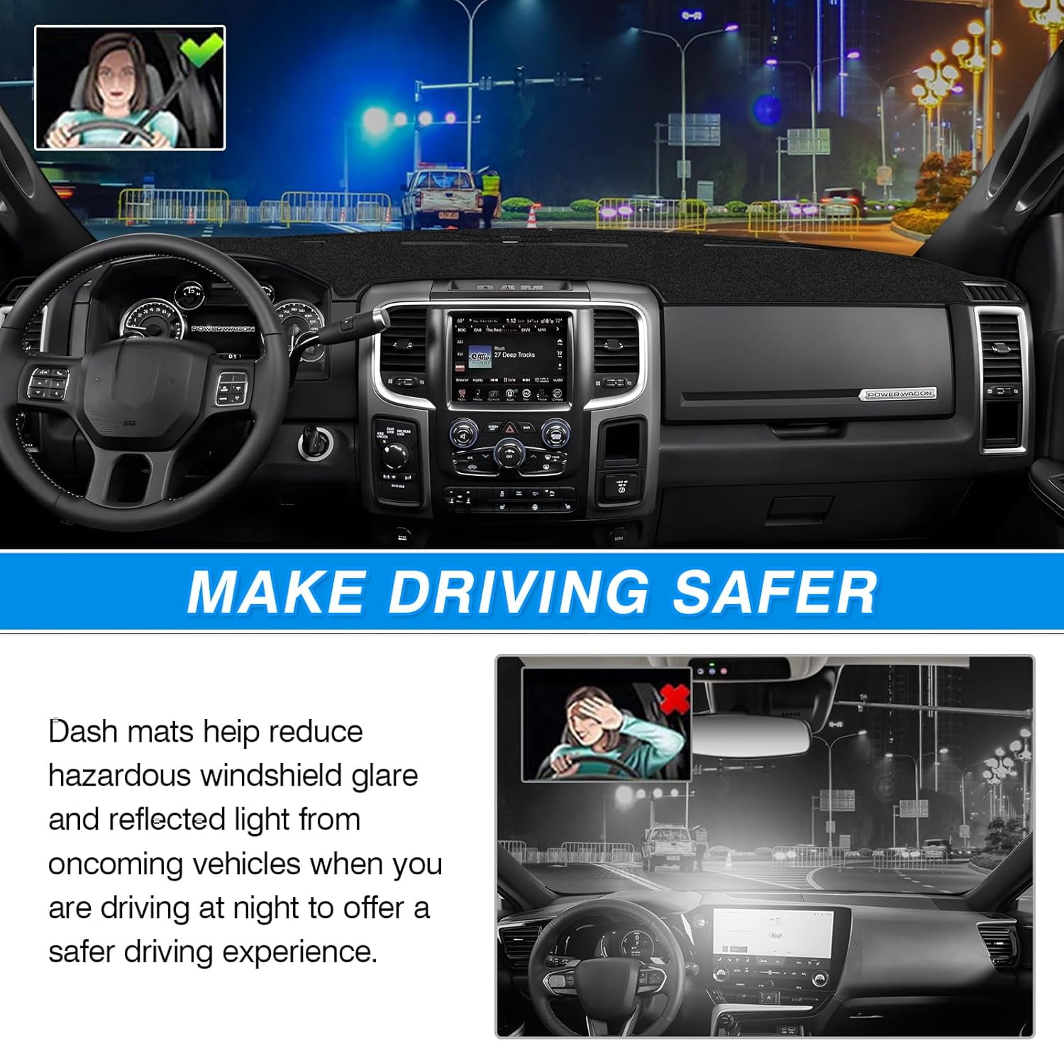 Canvcle Dash Cover Compatible with 2010-2018 Dodge Ram 1500 2500 3500 Accessories Dashboard Cover Mat Non-Slip Carpet Sunshield Glare UV Rays Protector (Without Hud)