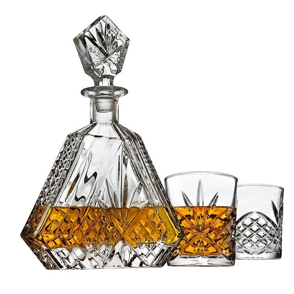 Lefonte Whiskey Decanter Set with 2 Old Fashioned Whisky Glasses for Liquor Scotch Bourbon or Wine - Irish Cut Triangular Clear