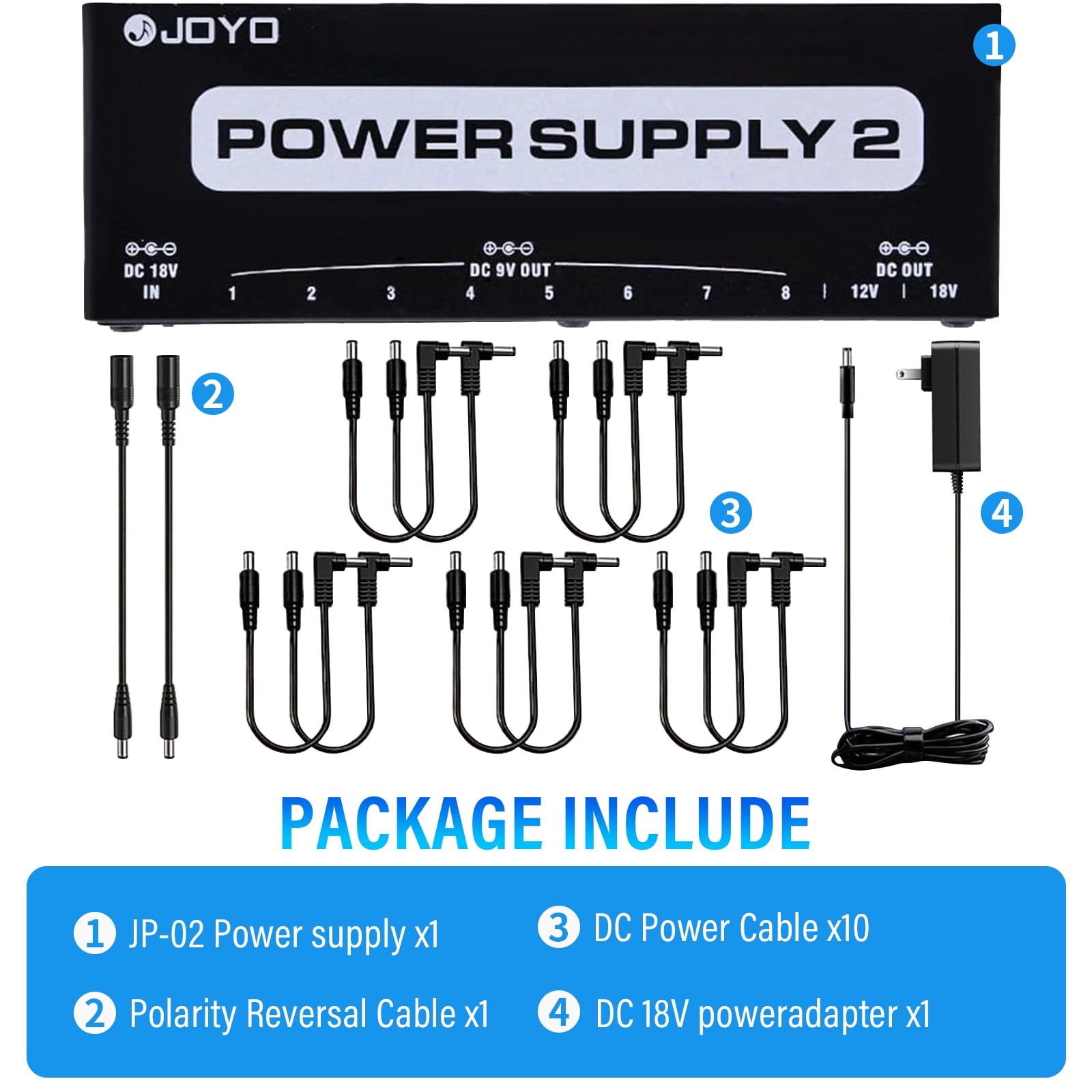 JOYO Pedal Power Supply 10 Outputs 9V 12V 18V Options Isolated Short-Circuit Overload Protection For Guitar Effect Pedals