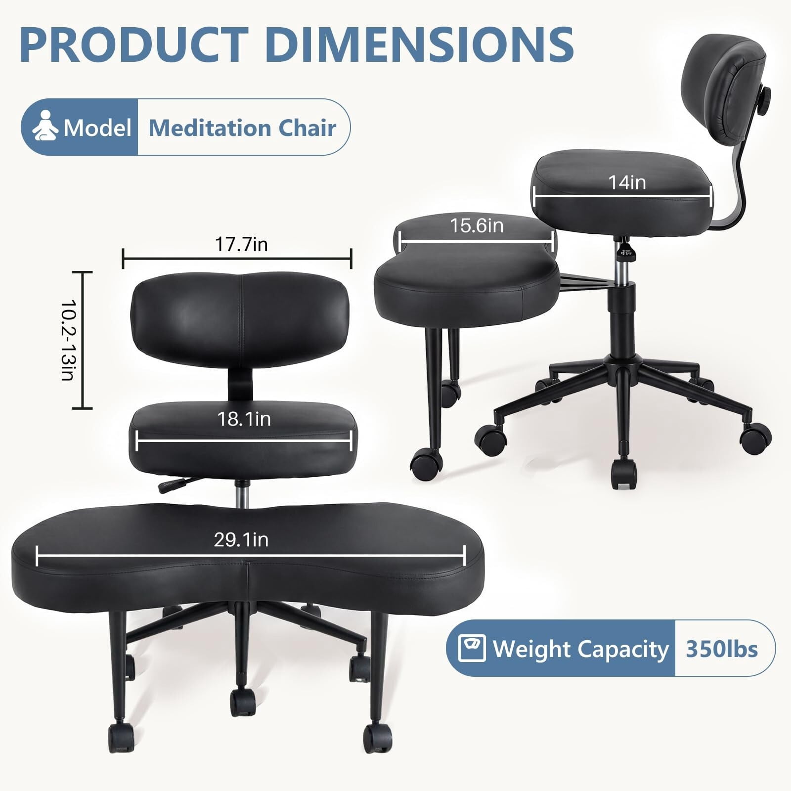 Kelno Cross Legged Meditation Chair with 360° Swivel Footrest Adjustable Backrest Ergonomic PU Leather Office Chair, Black