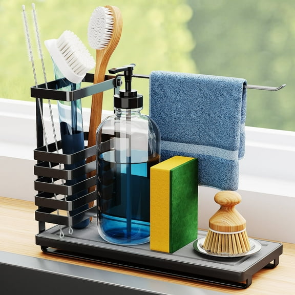 NiHome Sink Caddy Organizer with Elevated Sponge Holder for Kitchen and Bathroom, Quick-Drying Diatomaceous Earth Base Space-Saving Storage for Detergent Bottles, Sponges,Small Accessories