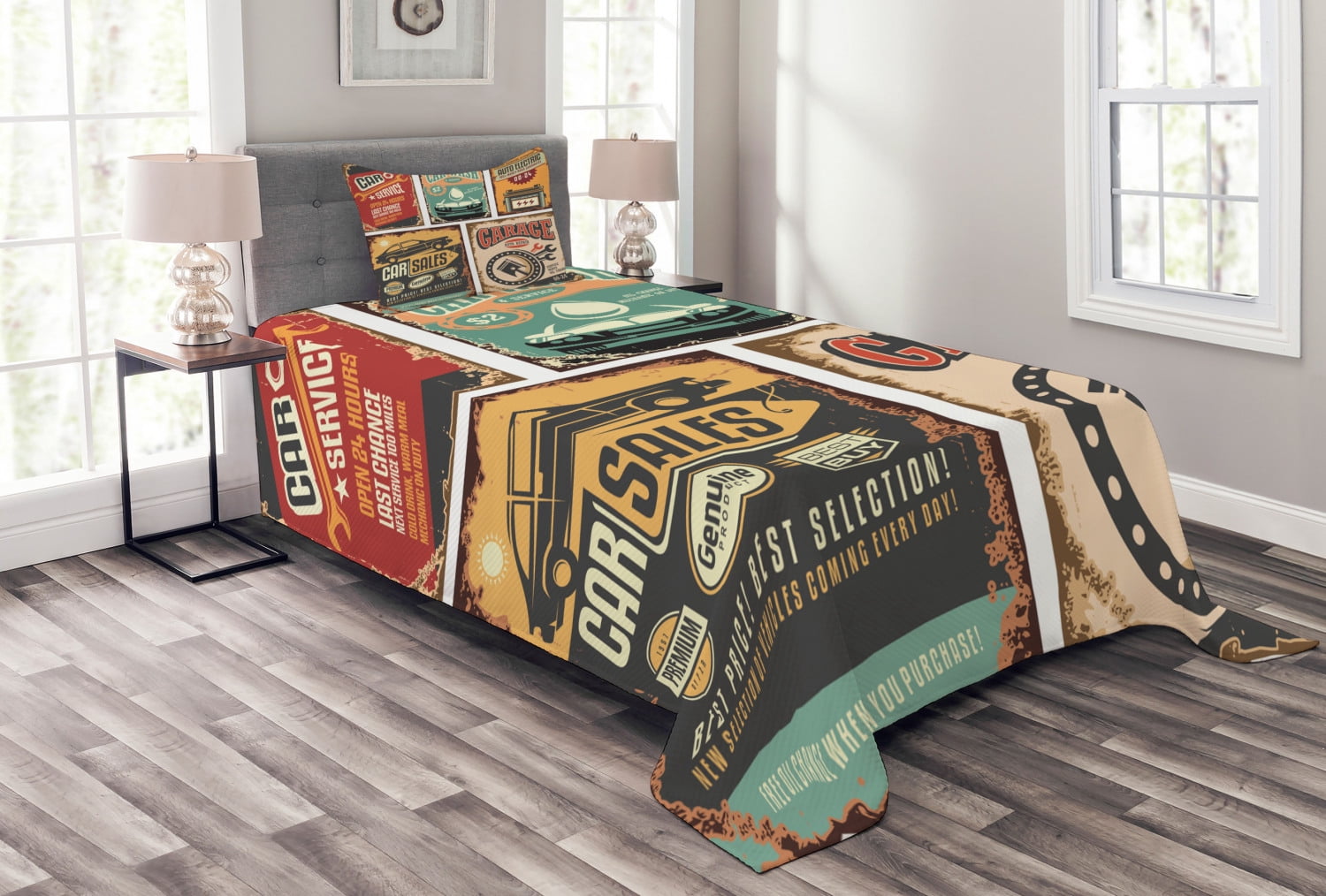 Vintage Bedspread Set Twin Size, Nostalgic Art Auto Service Garage Funk